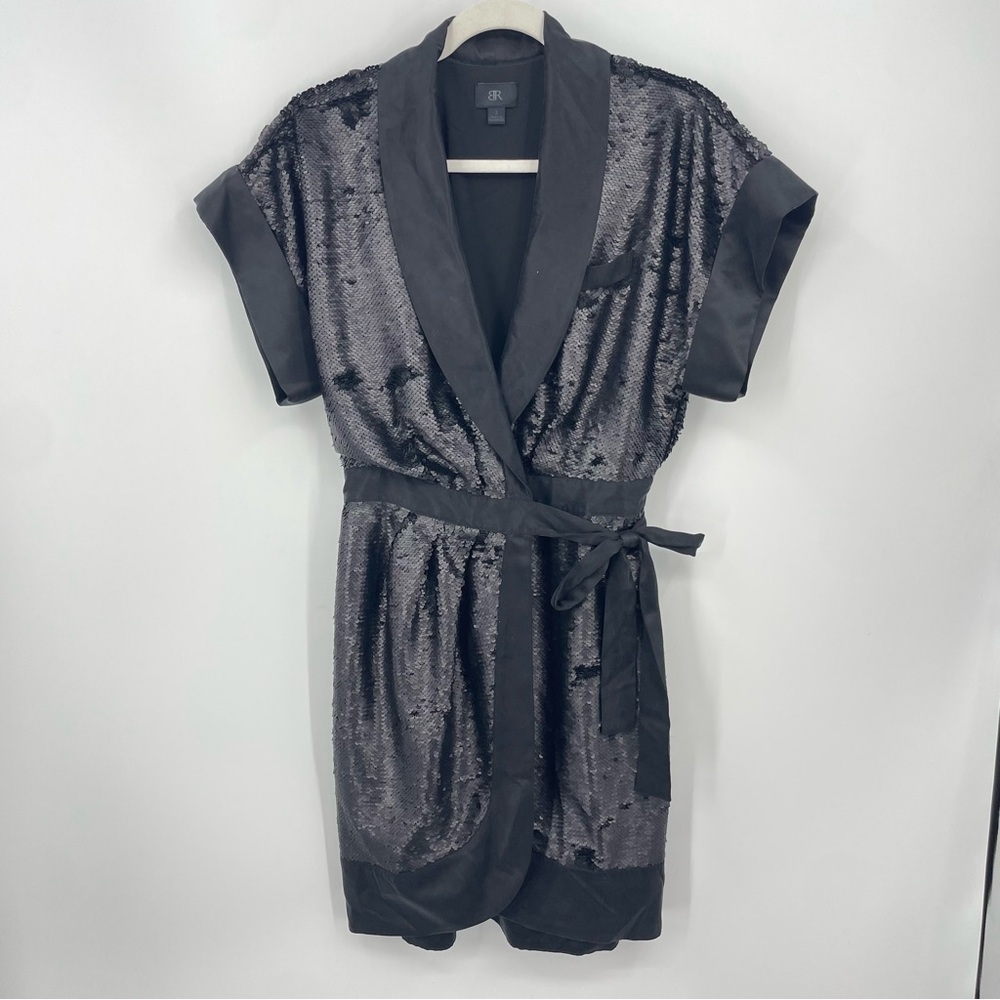 BR monogram short sleeve black sequin wrap dress‎ Shaw collar Sz 2